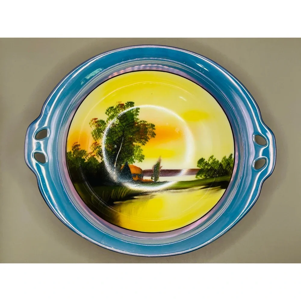 Noritake Hand Painted Double Handle Blue Luster Bowl Cottage Vtg 9